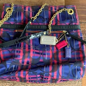 Coach Poppy Tartan signature Navy/Pink Chain slim tote/crossbody bag.
